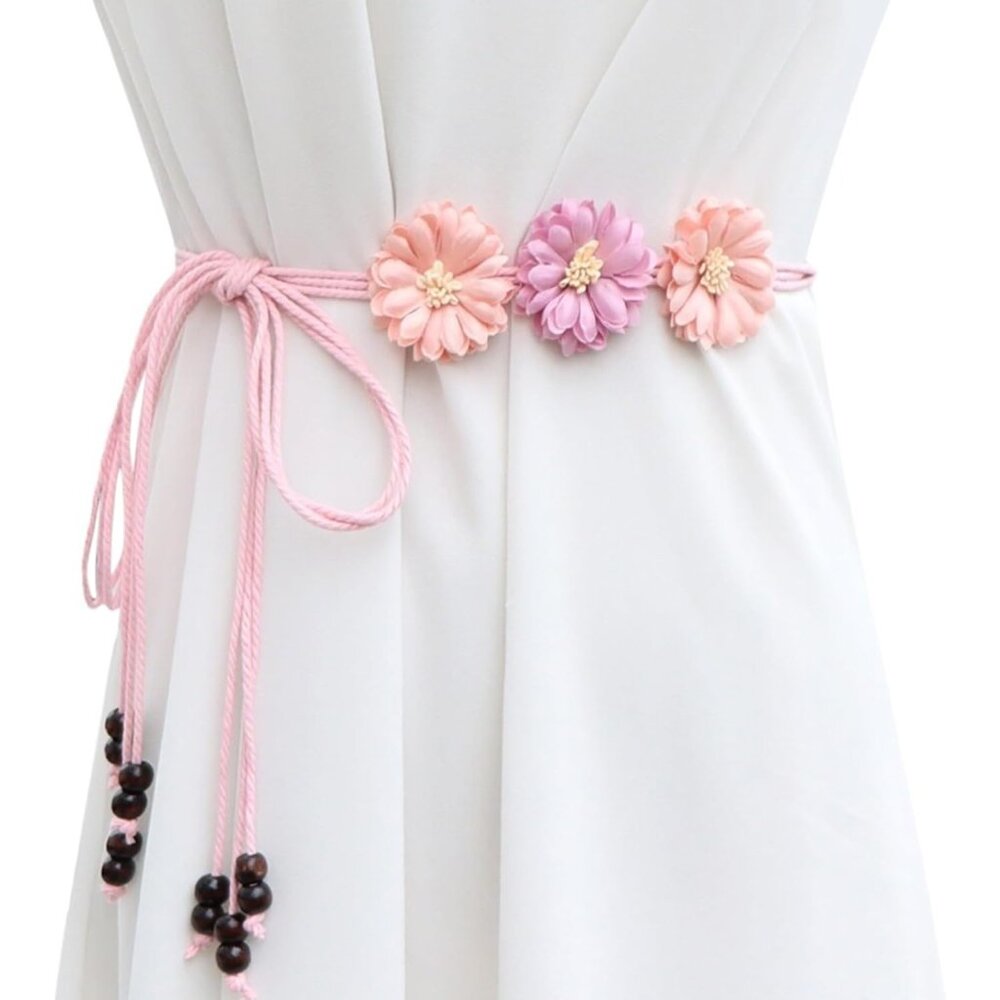 Women Flower Belt for Dress Women Bohemian Style Rope Braid Waist Belt Rose Tass